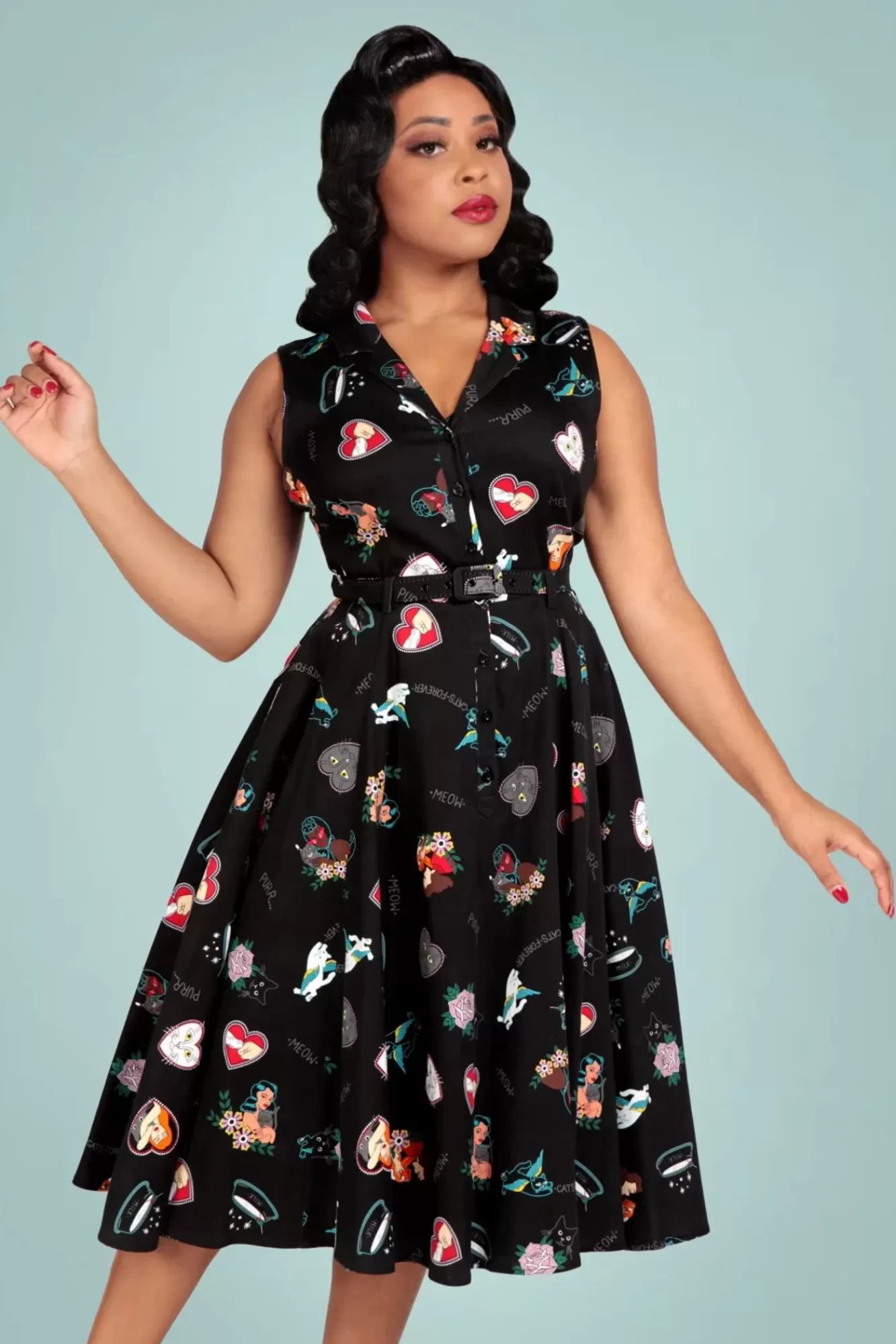 Collectif Clothing Caterina Cats Forever Mouwloze Swingjurk In Zwart | Vrouwen Swing Jurken