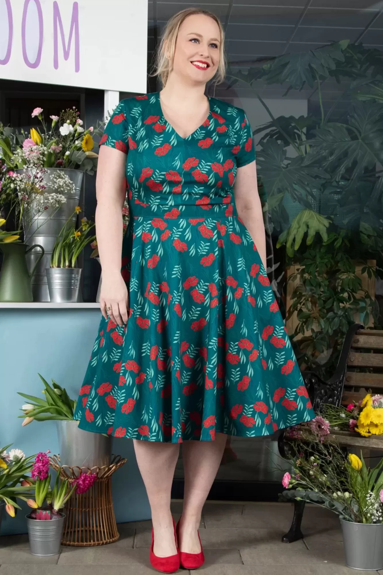 Topvintage Boutique Collection Exclusief Bij Topvintage ~ Olivia Swingjurk Met Korte Mouwen In Blauwgroen | Vrouwen Swing Jurken