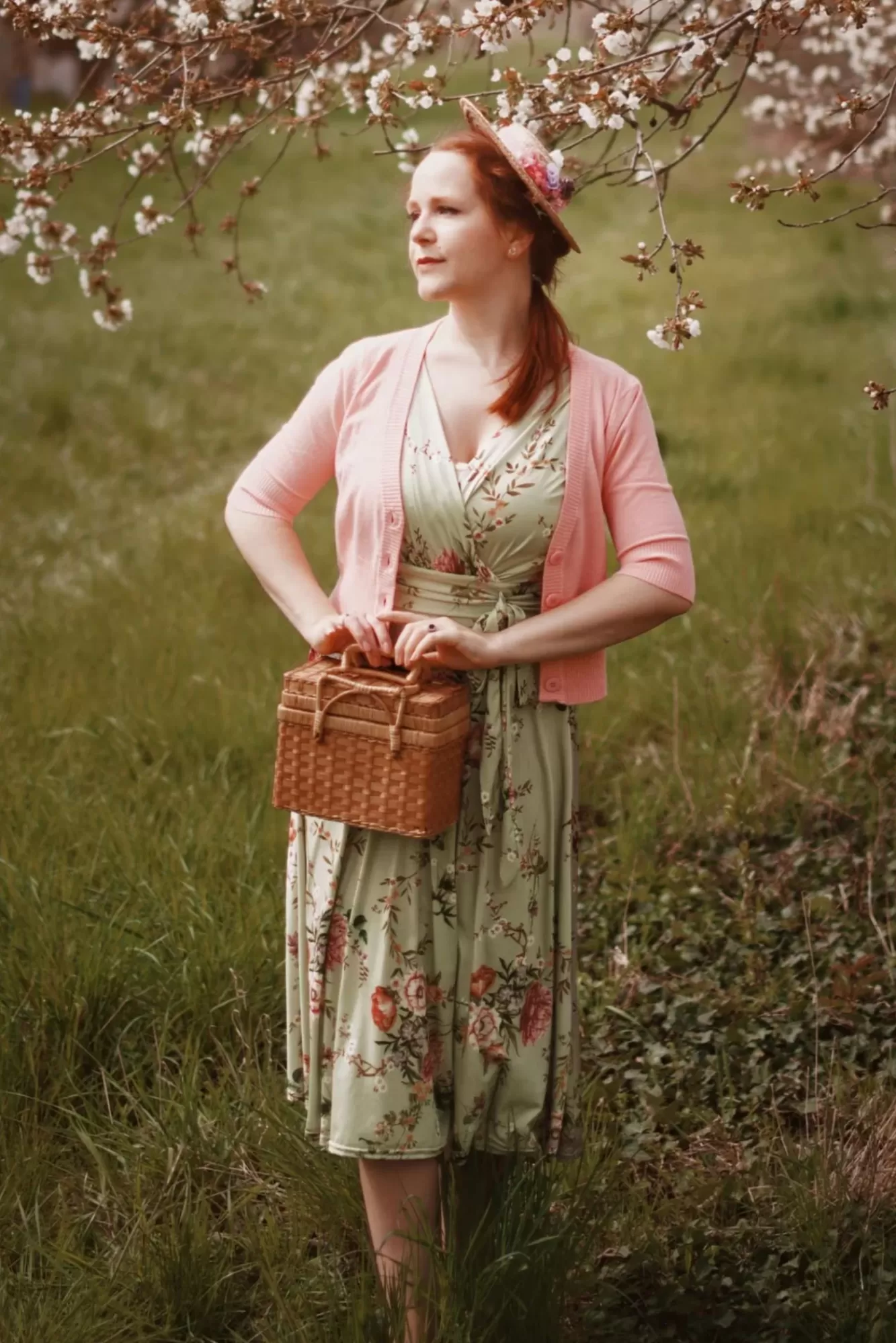 Vintage Chic for Topvintage Jane Bloemen Midi-Jurk In Vintage Groen | Vrouwen Plus Size Jurken