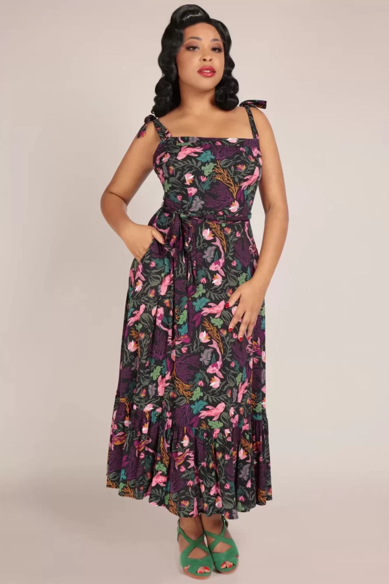 Collectif Clothing Katrina Tropical Reef Swing Jurk In Zwart | Vrouwen Midi Jurken