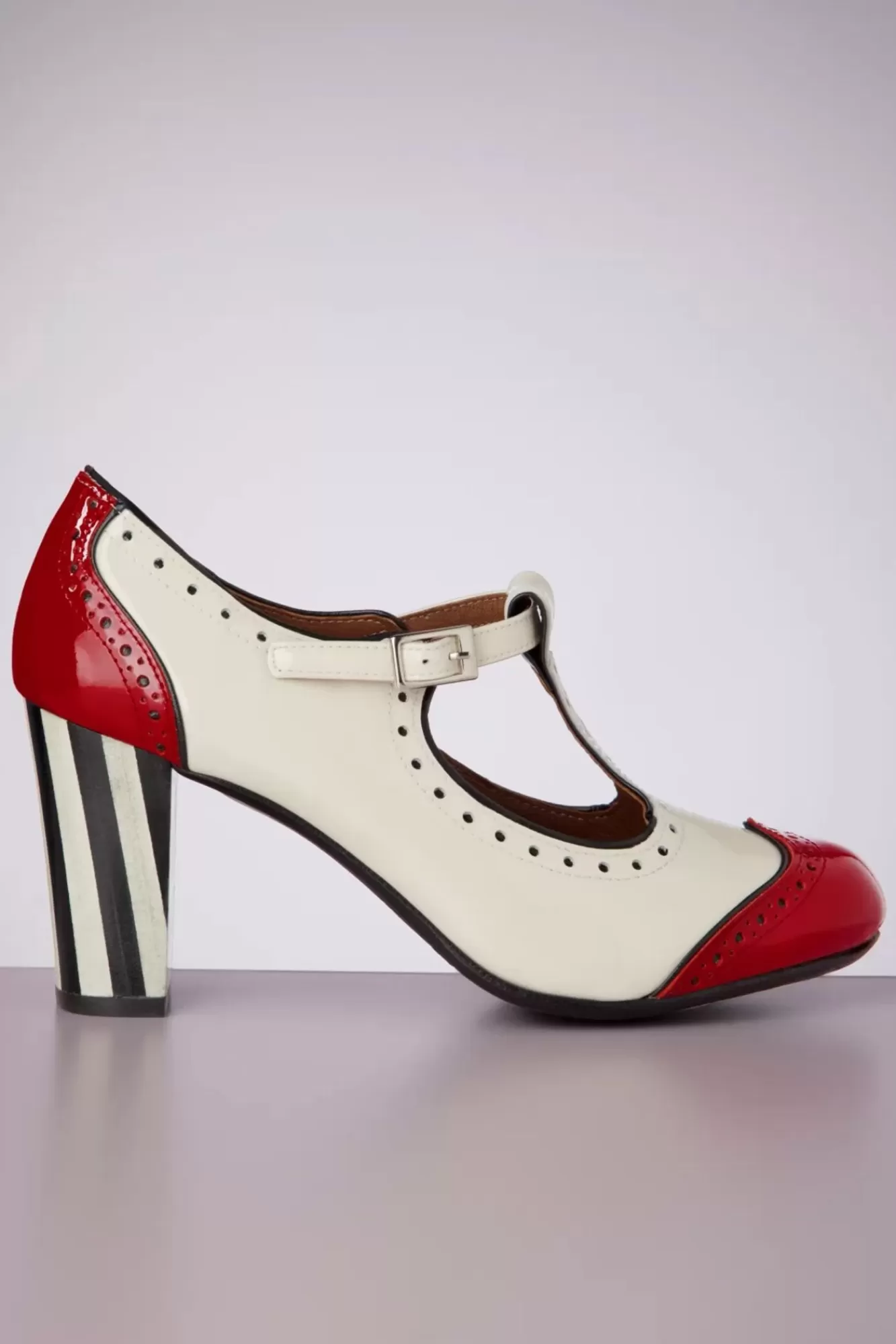 Nemonic Ojo T-Strap Pumps In Creme En Rood | Vrouwen Pumps