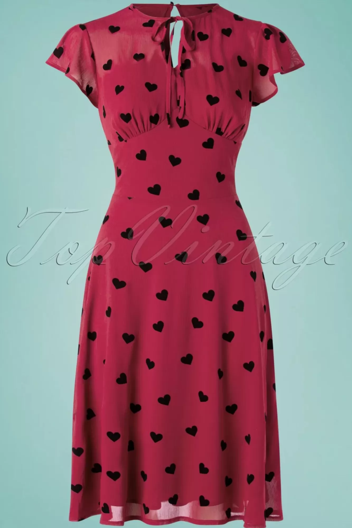 Vixen Peppa Chiffon Hearts Tea Jurk In Frambozenrood | Vrouwen Swing Jurken