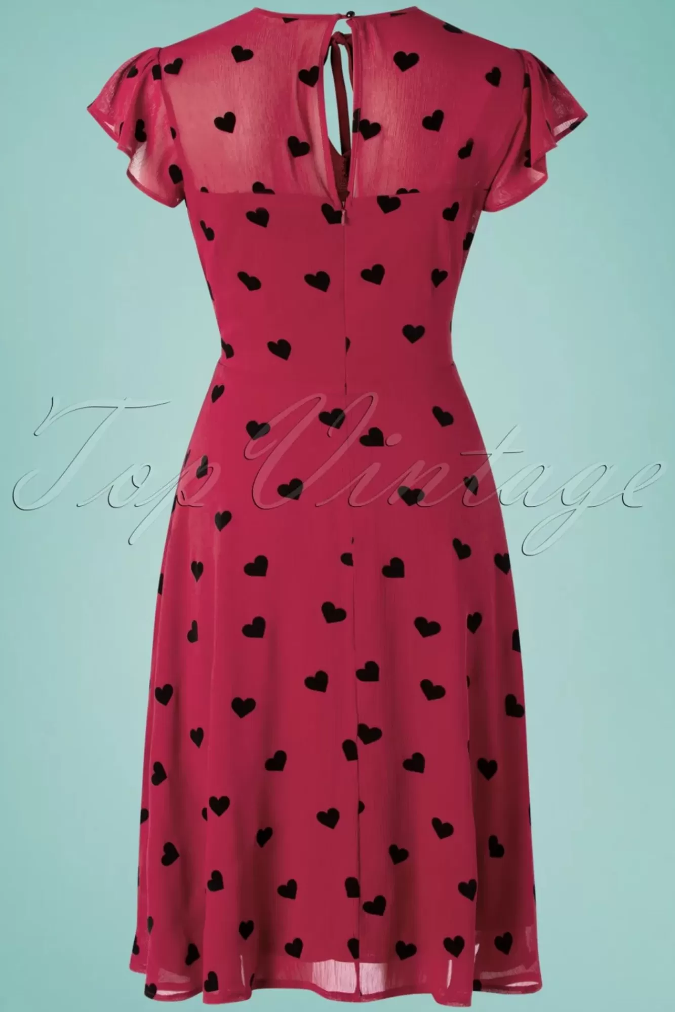 Vixen Peppa Chiffon Hearts Tea Jurk In Frambozenrood | Vrouwen Swing Jurken