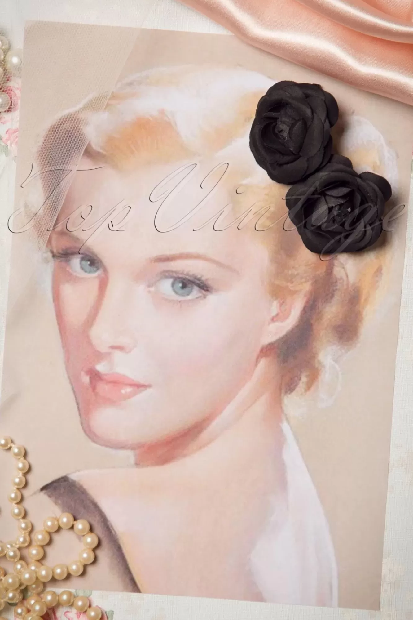 ZaZoo Pin-Up Paar Zwarte Bloem Haarclips | Vrouwen Haaraccessoires