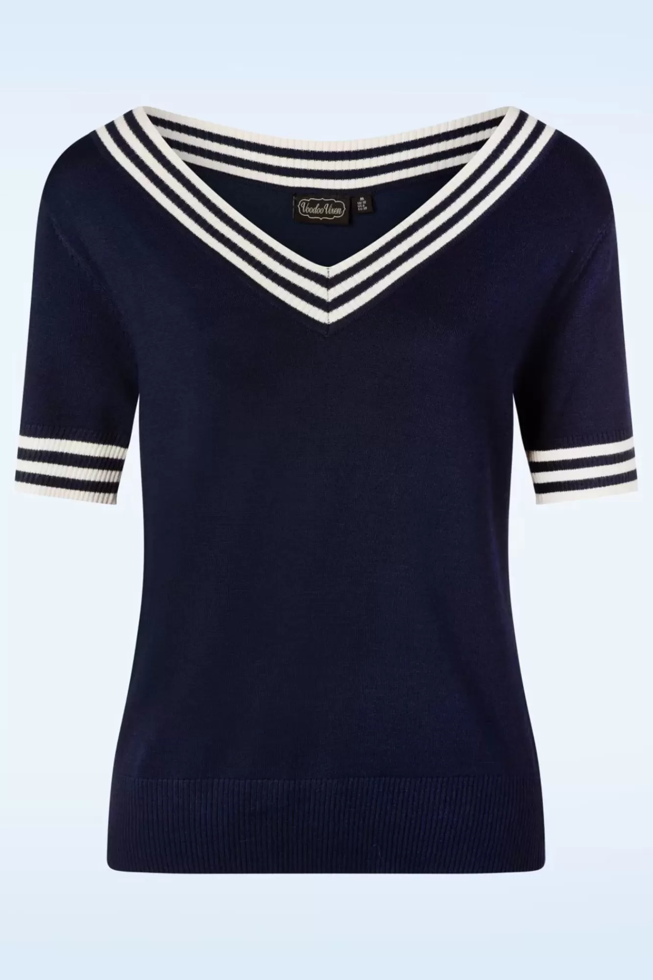 Vixen Sally Top Met Korte Mouwen En Gestreepte Halslijn In Marineblauw | Vrouwen Truitjes