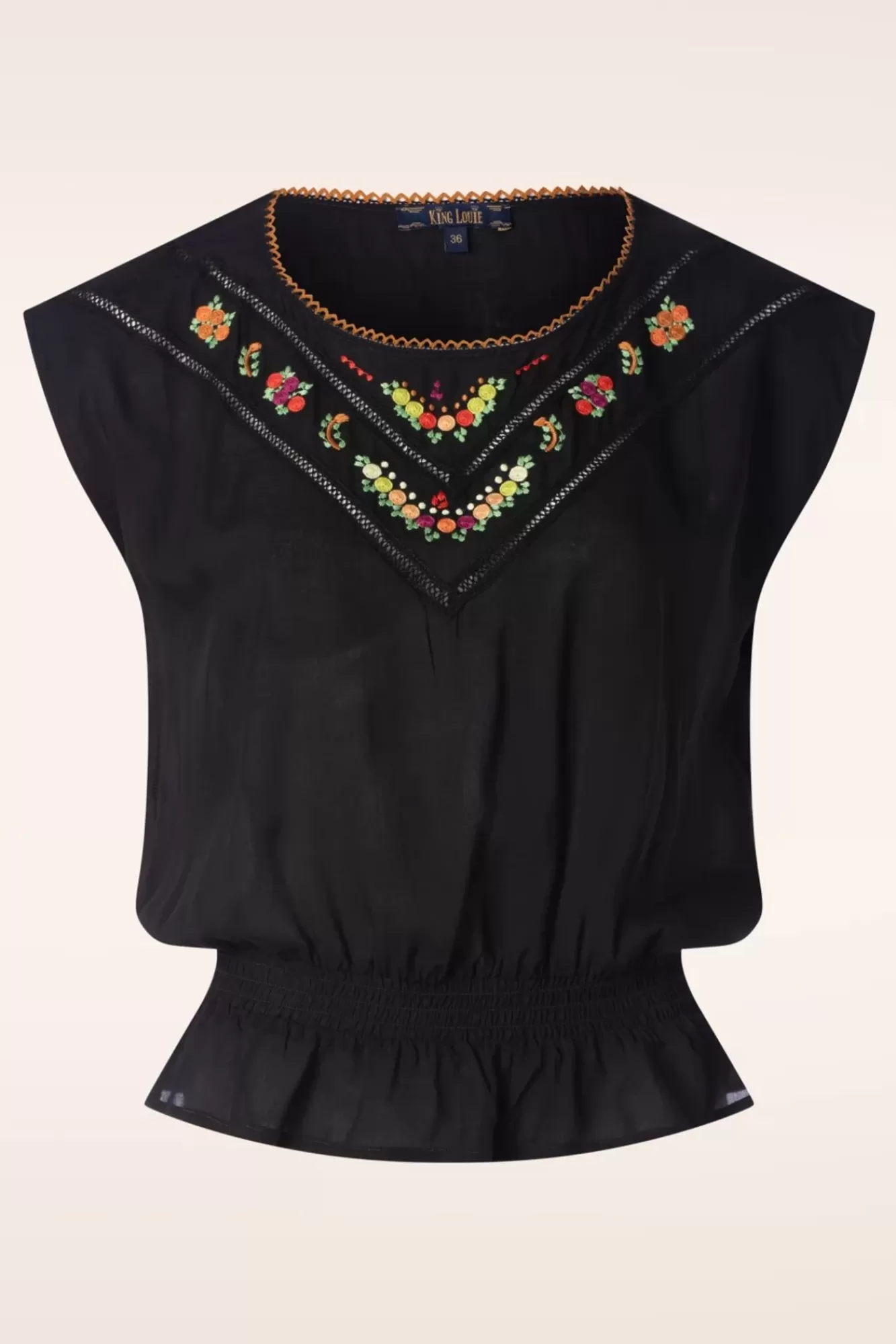 King Louie Selly Citrine Embroidery Top In Zwart | Vrouwen Blouses