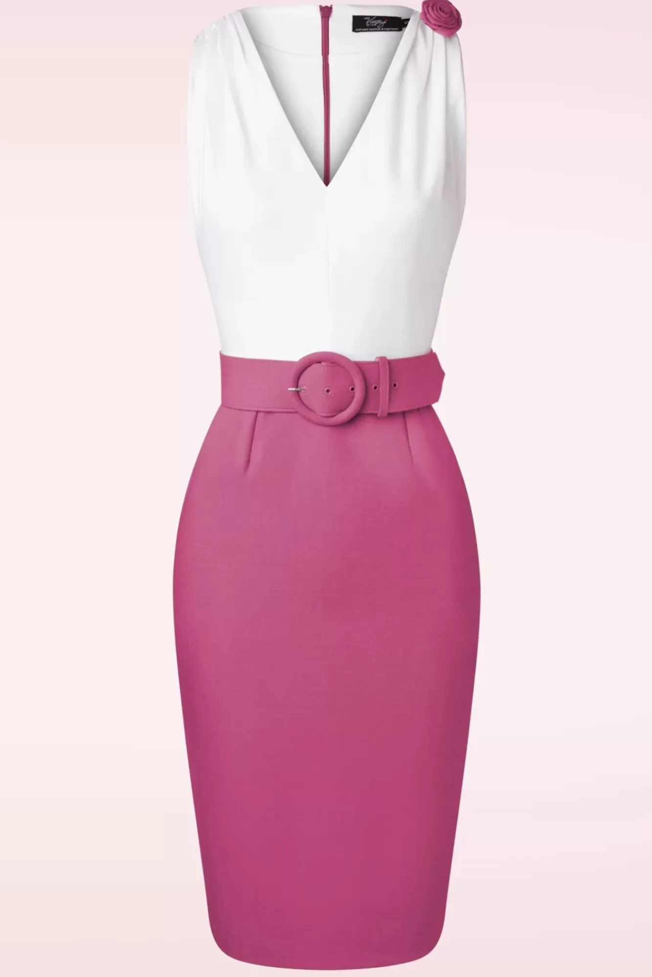 Vintage Diva The Kellie Pencil Jurk In Gebroken Wit En Donker Magentaroze | Vrouwen Plus Size Jurken