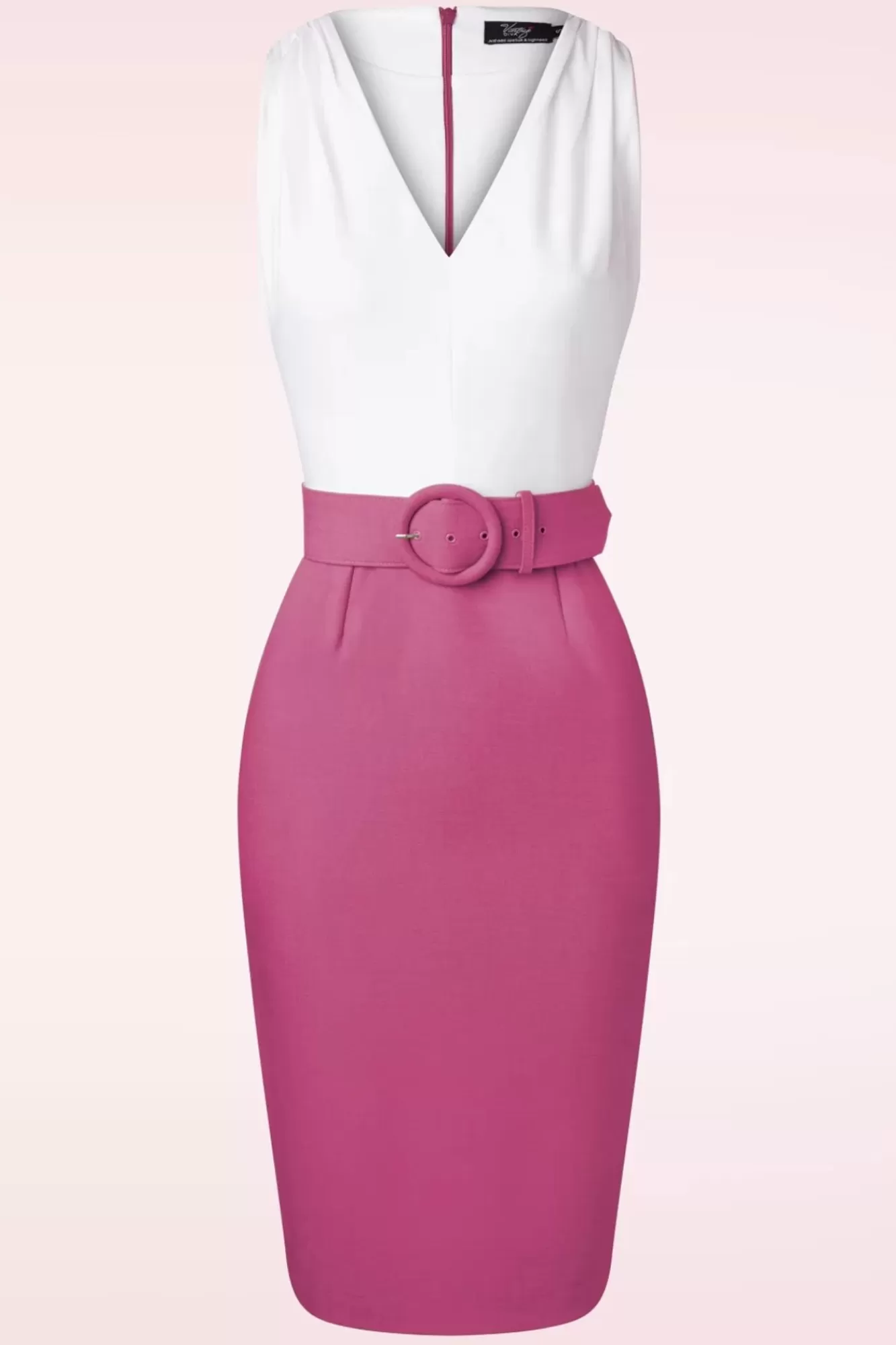 Vintage Diva The Kellie Pencil Jurk In Gebroken Wit En Donker Magentaroze | Vrouwen Plus Size Jurken