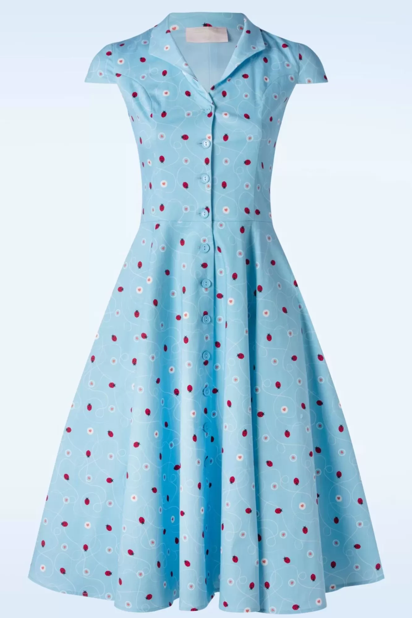Topvintage Boutique Collection Topvintage Exclusive ~ Angie Swing Jurk In Licht Blauw Met Lieveheersbeestjes Print | Vrouwen Swing Jurken