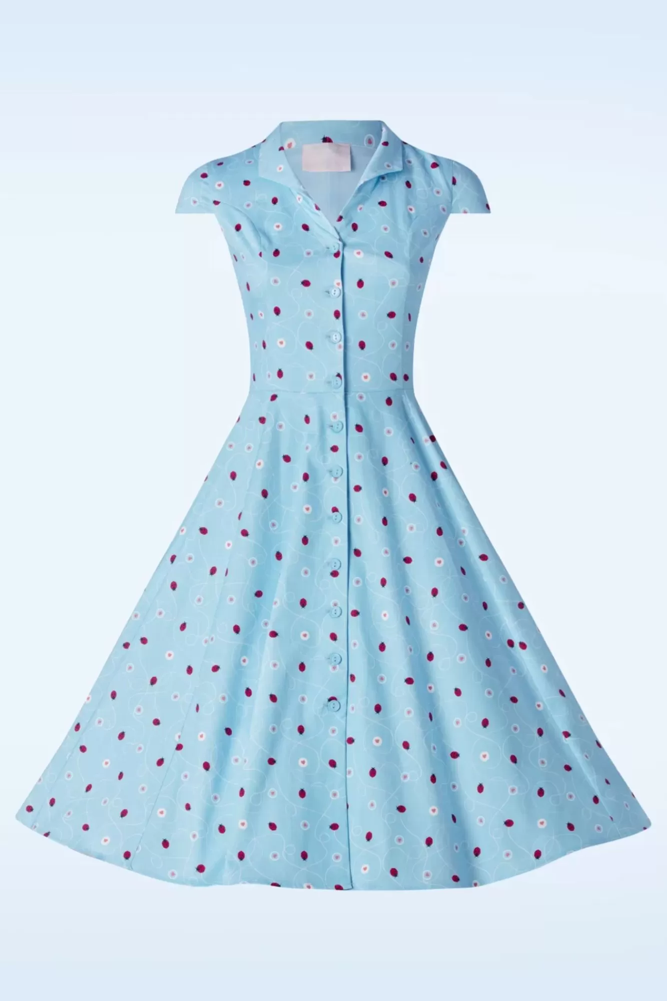 Topvintage Boutique Collection Topvintage Exclusive ~ Angie Swing Jurk In Licht Blauw Met Lieveheersbeestjes Print | Vrouwen Swing Jurken