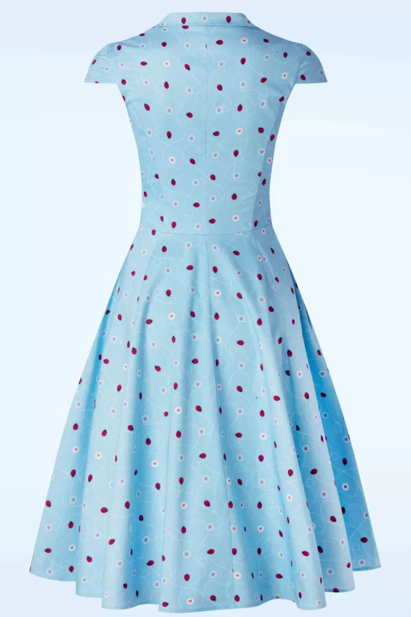 Topvintage Boutique Collection Topvintage Exclusive ~ Angie Swing Jurk In Licht Blauw Met Lieveheersbeestjes Print | Vrouwen Swing Jurken