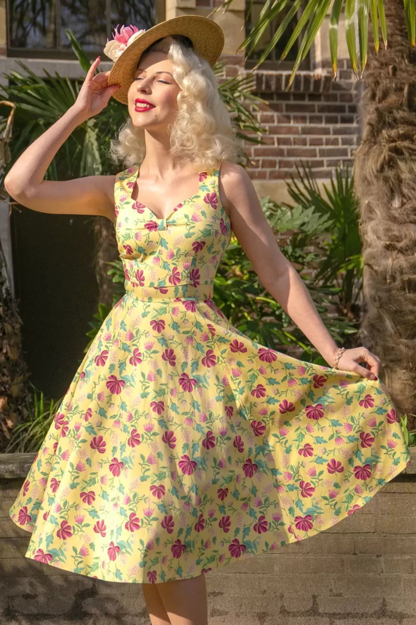 Topvintage Boutique Collection Topvintage Exclusive ~ Eliane Floral Swing Jurk In Lichtgeel | Vrouwen Plus Size Jurken