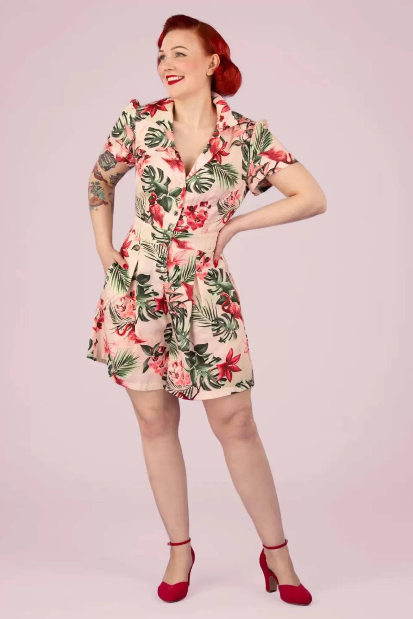 Vixen Tropische Flamingo Button Up Playsuit In Licht Roze | Vrouwen Playsuits & Jumpsuits