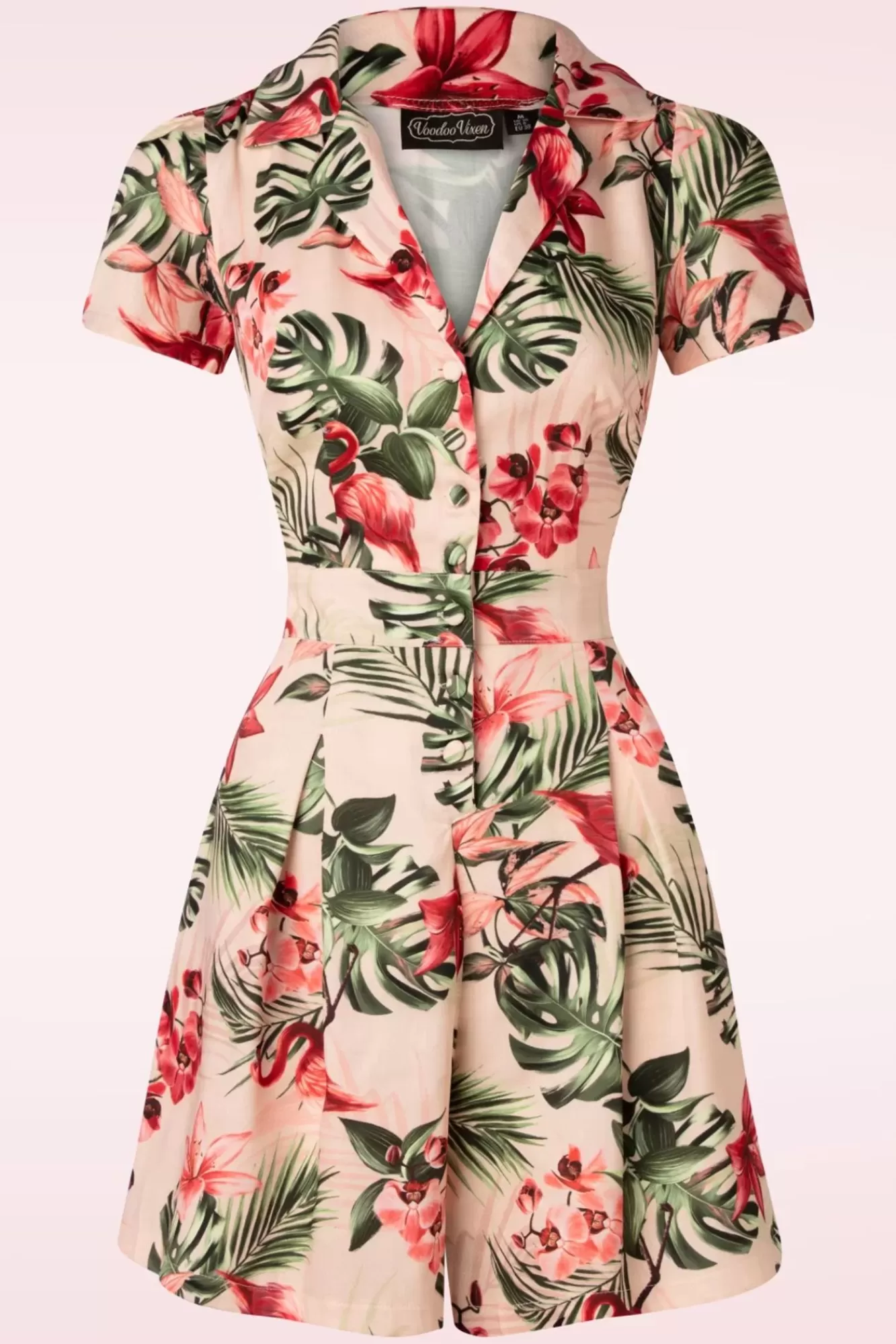 Vixen Tropische Flamingo Button Up Playsuit In Licht Roze | Vrouwen Playsuits & Jumpsuits