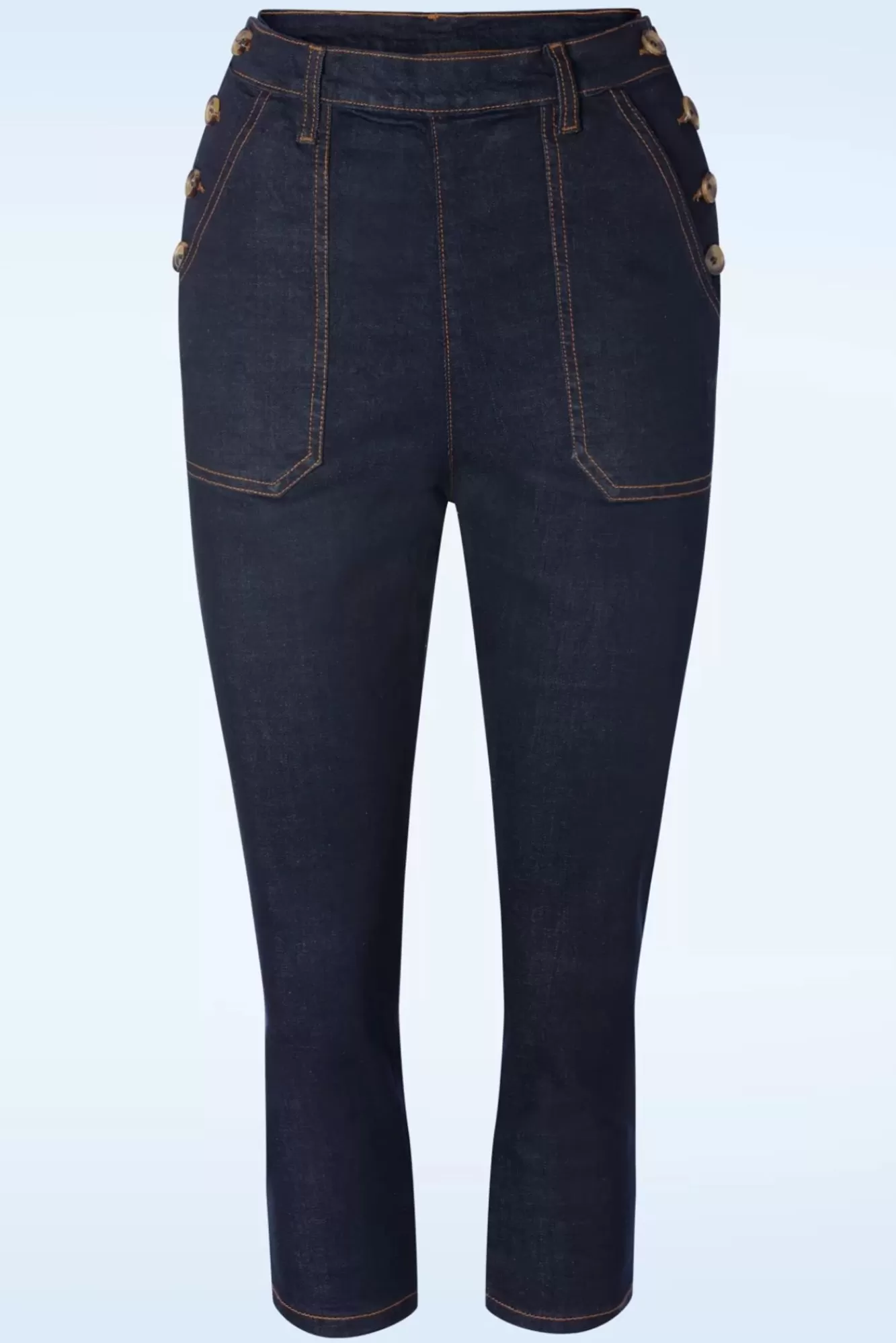 Queen Kerosin Workwear Capri Denim In Donkerblauwe Wassing | Vrouwen Broeken