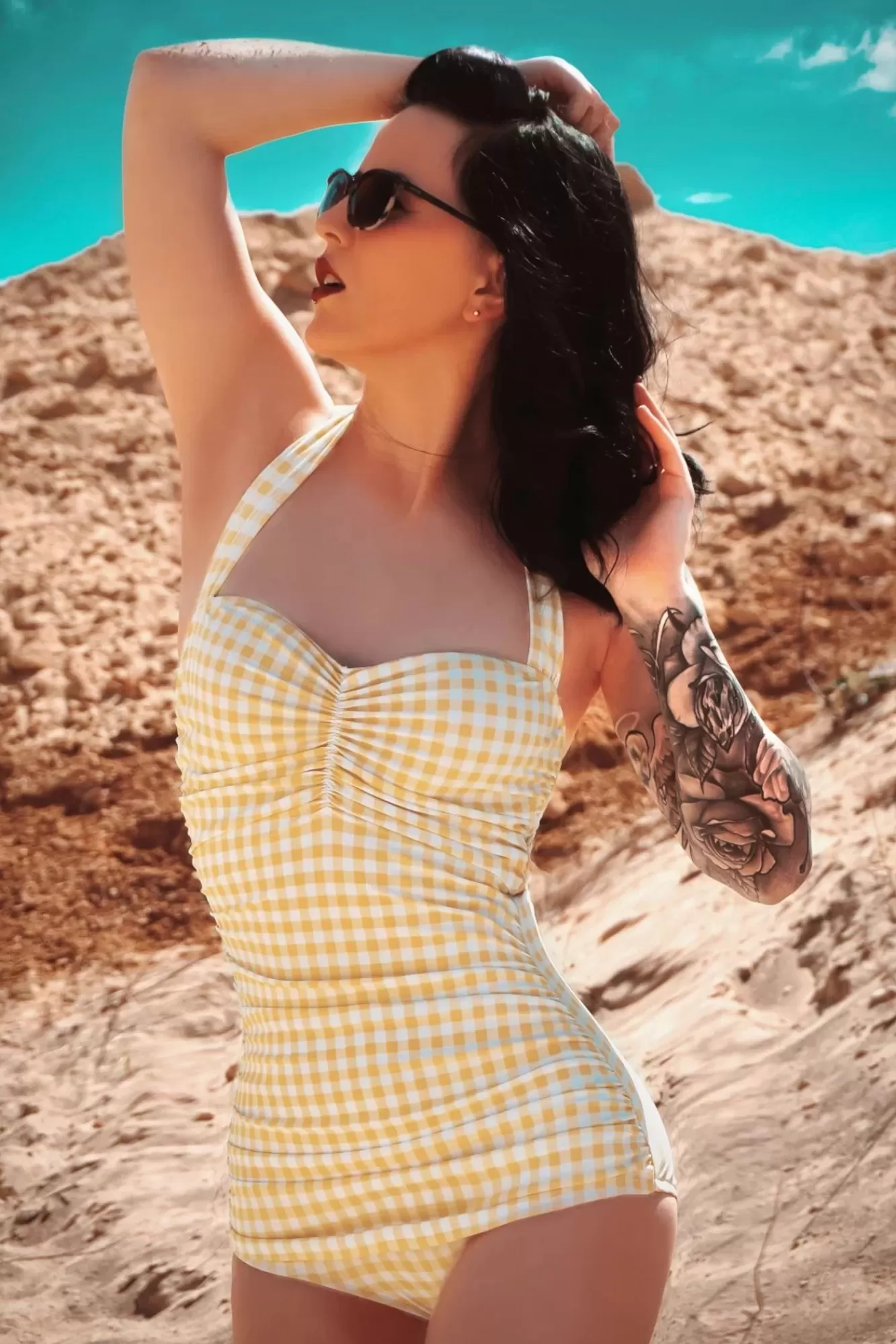 Esther Williams Zomer Gingham Badpak Uit Een Stuk In Geel En Wit | Vrouwen Badpakken